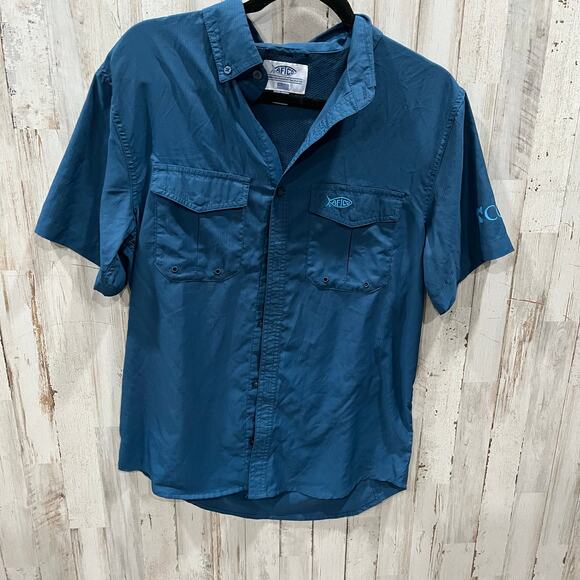 Aftco Blue Short Sleeve Button Up Vented Fishing Shirt Mens Size Small - Picture 1 of 7